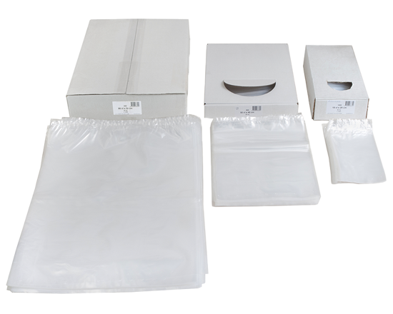 Polythene LDPE bags - Polythene bags for repackaging and/or product bundling, convenient for versatile use. The bags are transparant and have a bottom seal. They are 100% recyclable and come in white boxes. All LDPE bags are food safe. Thickness 50 micron (medium strength).